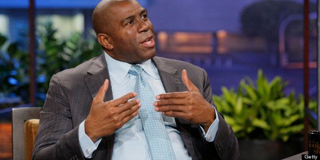 THE TONIGHT SHOW WITH JAY LENO -- Episode 4455 -- Pictured: Former basketball player Magic Johnson during an interview on May 6, 2013 -- (Photo by: Paul Drinkwater/NBC/NBCU Photo Bank via Getty Images)