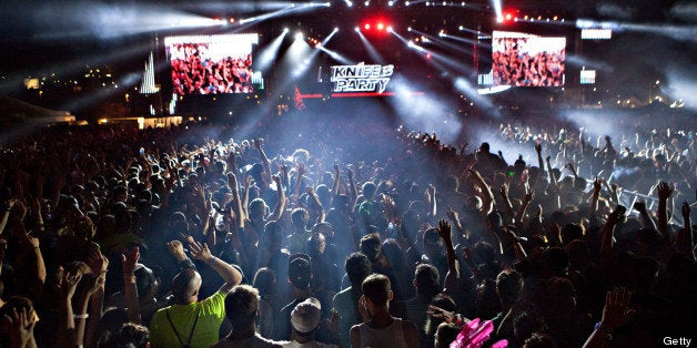 LOS ANGELES, CA - AUGUST 03: Rob Swire (L) and Gareth McGrillen of Knife Party perform at the Hard Summer Festival - Day 1 a