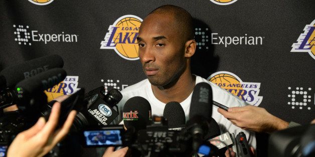 LOS ANGELES, CA - JANUARY 5: Kobe Bryant #24 of the Los Angeles Lakers speaks to the media before a game against the Denver Nuggets at STAPLES Center on January 5, 2013 in Los Angeles, California. NOTE TO USER: User expressly acknowledges and agrees that, by downloading and/or using this Photograph, user is consenting to the terms and conditions of the Getty Images License Agreement. Mandatory Copyright Notice: Copyright 2013 NBAE (Photo by Andrew D. Bernstein/NBAE via Getty Images)