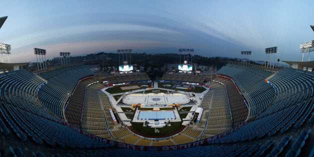 LOS ANGELES, CA - JANUARY 23: (EDITORS NOTE: Image is a digital [panoramic] composite.) A general view of the ice build out at Dodger Stadium in preparation for the 2014 Coors Light NHL Stadium Series on January 23, 2014 in Los Angeles, California. (Photo by Gregory Shamus/NHLI via Getty Images)