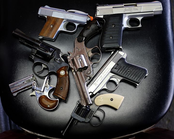 DALLAS, TX - JANUARY 19: A detail view of pistols that were turned in during a gun buy back program at the First Presbyterian Church of Dallas on January 19, 2013 in Dallas, Texas. The gun buy back program has collected and destroyed over 400 pistols, rifles, shotguns and semi-automatic assault weapons since its inception. U.S. President Barack Obama recently unveiled a package of gun control proposals that include universal background checks and bans on assault weapons and high-capacity magazines. (Photo by Tom Pennington/Getty Images)