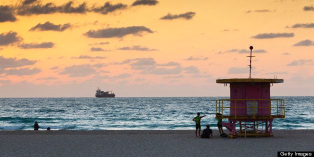 USA, Miami Beach, South Beach, Miami Beach lifeguard hut, dawn.