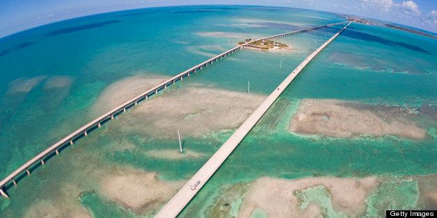 Aerial of Seven Mile Bridge at extreme spring low tide in The Keys.