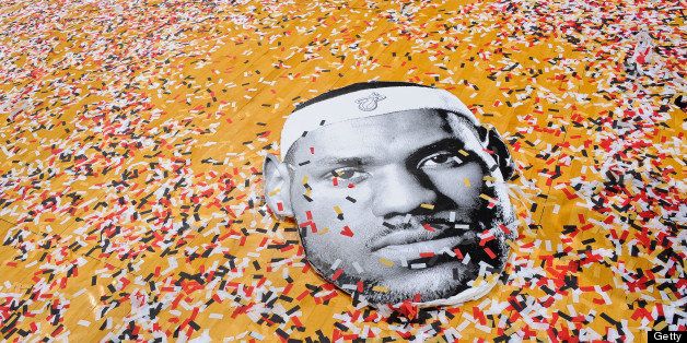 MIAMI, FL - JUNE 20: A cut-out of LeBron James #6 of the Miami Heat sits under confetti after the team's victory against the San Antonio Spurs in Game Seven of the 2013 NBA Finals on June 20, 2013 at American Airlines Arena in Miami, Florida. NOTE TO USER: User expressly acknowledges and agrees that, by downloading and or using this photograph, User is consenting to the terms and conditions of the Getty Images License Agreement. Mandatory Copyright Notice: Copyright 2013 NBAE (Photo by Noah Graham/NBAE via Getty Images)
