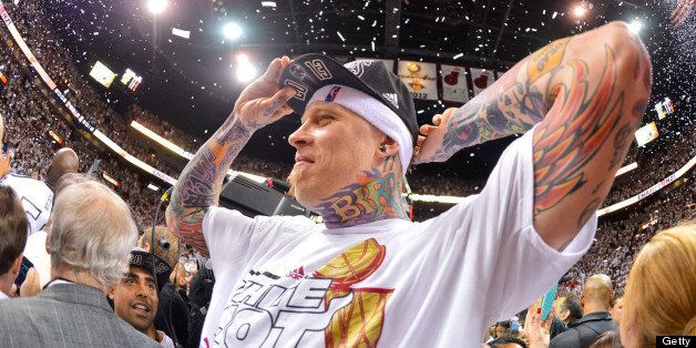 MIAMI, FL - JUNE 20: Chris Andersen #11 of the Miami Heat celebrates following his team's victory against the San Antonio Spurs in Game Seven of the 2013 NBA Finals on June 20, 2013 at American Airlines Arena in Miami, Florida. NOTE TO USER: User expressly acknowledges and agrees that, by downloading and or using this photograph, User is consenting to the terms and conditions of the Getty Images License Agreement. Mandatory Copyright Notice: Copyright 2013 NBAE (Photo by Jesse D. Garrabrant/NBAE via Getty Images)
