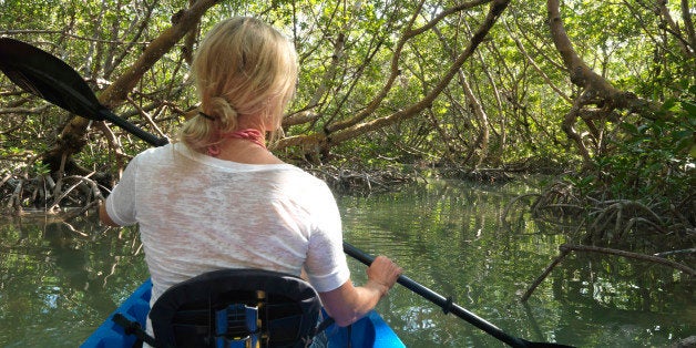 Woman paddles kayak through narrow mangrove canal