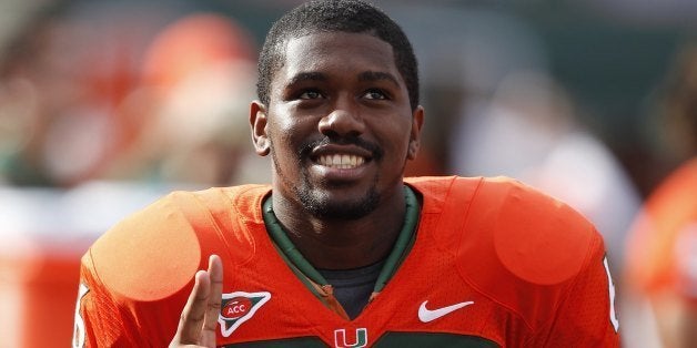 MIAMI, FL - NOVEMBER 7: Randy Phillips #6 of the Miami Hurricanes looks on against the Virginia Cavaliers at Land Shark Stadi