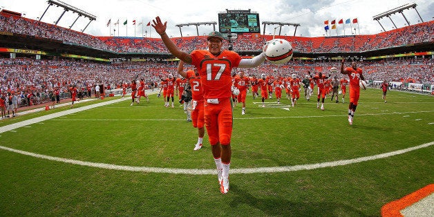 MIAMI GARDENS, FL - SEPTEMBER 07: Stephen Morris #17 of the Miami Hurricanes celebrates winning a game against the Florida G