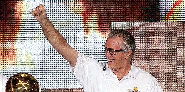 MIAMI, FL - JUNE 25: Miami Heat President of Basketball Operations Pat Riley celebrates during a rally for the 2012 NBA Champion Miami Heat at American Airlines Arena on June 25, 2012 in Miami, Florida. (Photo by Mike Ehrmann/Getty Images)