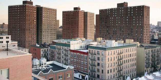 'Apartment blocks of a public housing project in Harlem, New York City, New York, USA.'