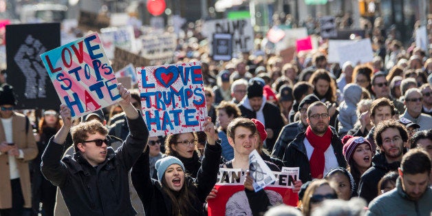 Demonstrators chant slogans as they march up 5th Ave. during a protest against the election of President-elect Donald Trump, Saturday, Nov. 12, 2016, in New York. (AP Photo/Mary Altaffer)