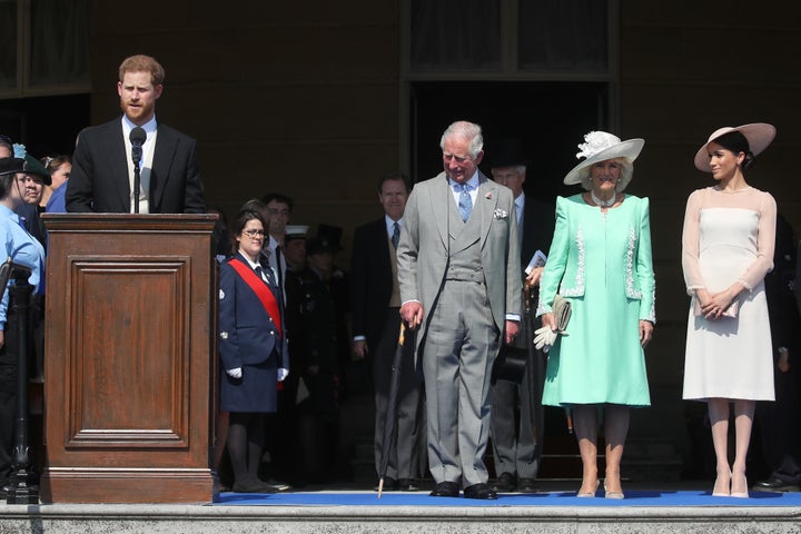 Prince Harry, Prince Charles, the Duchess of Cornwall and the Duchess of Sussex at Charles' 70th birthday patronage celebration at Buckingham Palace on May 22 in London. Charles' birthday is Nov. 14. 