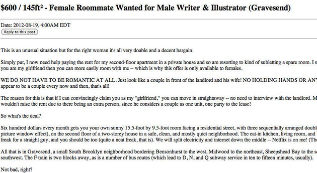 Craigslist Ad Seeks Fake Girlfriend To Be Roommate For