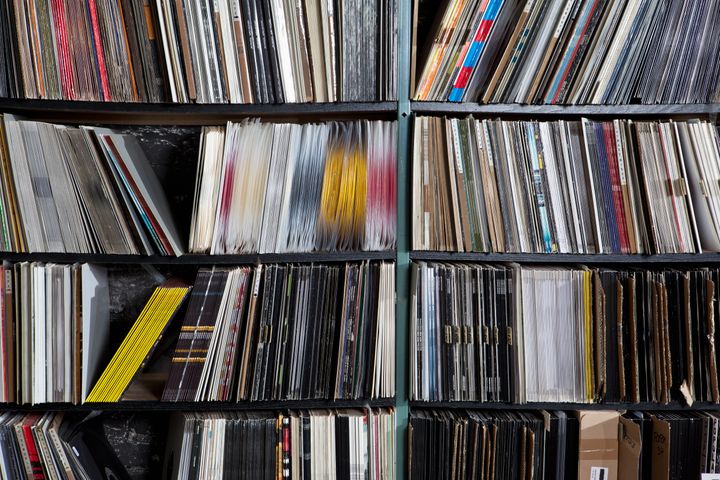 Rows of records on shelves
