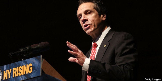 NEW YORK, NY - FEBRUARY 06: New York Governor Andrew Cuomo delivers his State of the State and budget proposals at The City College of New York on February 6, 2013 in New York City. Among issues addressed were the cost of the recovery from Hurricane Sandy, policing, economic development and education. His $142.6 million executive budget would increase state spending by 2 percent and raise school aid by 4.4 percent, to $21 billion. (Photo by Spencer Platt/Getty Images)
