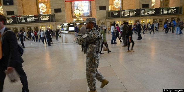A US soldier patrols inside Grand Central station in New York on April, 16, 2013. US President Barack Obama branded the Boston bombings a 'cowardly' act of terror, but said it was still unclear if a foreign or domestic group or individual was behind the attacks. AFP PHOTO/Emmanuel Dunand (Photo credit should read EMMANUEL DUNAND/AFP/Getty Images)