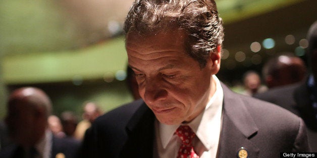 NEW YORK, NY - FEBRUARY 06: New York Governor Andrew Cuomo pauses after delivering his State of the State and budget proposals at The City College of New York on February 6, 2013 in New York City. Among issues addressed were the cost of the recovery from Hurricane Sandy, policing, economic development and education. His $142.6 million executive budget would increase state spending by 2 percent and raise school aid by 4.4 percent, to $21 billion. (Photo by Spencer Platt/Getty Images)