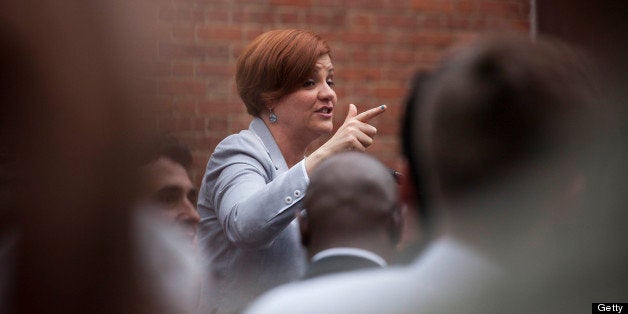 Christine Quinn, New York City Council speaker and mayoral candidate, speaks to supporters of same-sex marriage during a rally on Christopher Street after the U.S. Supreme Court overturned the Defense of Marriage Act (DOMA) and declined to rule on the California law Proposition 8 in New York, U.S., on Wednesday, June 26, 2013. Democratic lawmakers said theyll seek further protections for gay couples after the U.S. Supreme Court struck down part of a federal law denying them benefits, as congressional Republicans signaled that further battles on marriage equality would shift to the states. Photographer: Michael Nagle/Bloomberg via Getty Images 