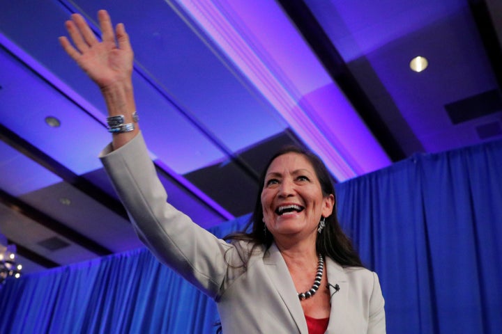 Deb Haaland takes the stage Tuesday after becoming one of two Native American women to be elected to the U.S. House of Representatives.