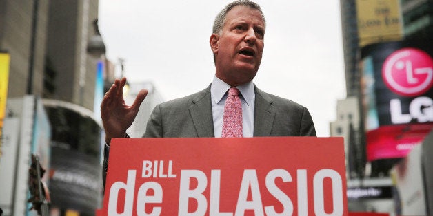 NEW YORK, NY - AUGUST 12: Public Advocate and New York City Mayoral candidate Bill de Blasio speaks at an endorsement in Times Square by Local 802, which represents musicians playing in Broadway musicals, the Metropolitan Opera, the New York Philharmonic, and other musical ensembles on August 12, 2013 in New York City. De Blasio responded to the federal court ruling this morning that has called New York City's stop-and-frisk policies unconstitutional by saying that he agrees with the judgement. (Photo by Spencer Platt/Getty Images)