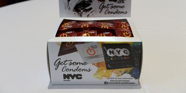 TO GO WITH AFP STORY BY MARIANO ROLANDO A box containing NYC Condom brands seen during a program to announce 'NYC Condom: A Retrospective Exhibit' at New York University and National Condom Awareness Week February 15, 2013 in New York. Since 1971 the New York City Health Department has been providing free male condoms and introduced the country's first branded condom, the ?NYC Condom?, on National Condom Awareness Day 2007. AFP PHOTO/Stan HONDA (Photo credit should read STAN HONDA/AFP/Getty Images)