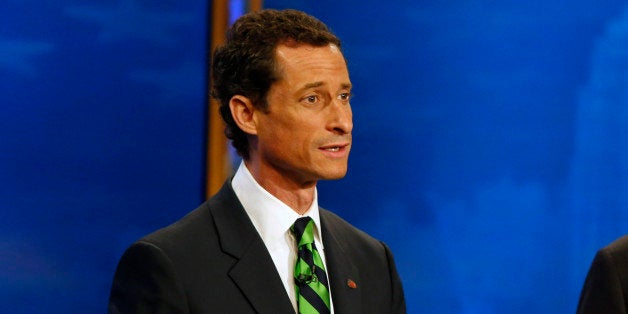 NEW YORK, NY - SEPTEMBER 03: Democratic primary candidates for Mayor of New York City (L - R) Anthony D. Weiner and William C. Thompson Jr. face off in the final debate one week before the primary on September 3, 2013 in New York City. Residents go to the polls September 10 for the primary election. (Photo by Andrew Hinderaker-Pool/Getty Images)