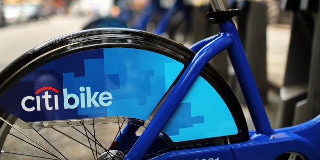 NEW YORK, NY - MAY 29: A Citi Bike stands at a docking station on May 29, 2013 in New York City. Citi Bike, the long awaited bike sharing program that launched over the Memorial Day weekend in New York, provides 6,000 bikes which are available for short-term rental at 330 stations in Manhattan below 59th Street and parts of Brooklyn. Until June 2nd only members of the Citi Bike program can use the bikes. The bikes will rent daily for $9.95 (plus tax ) or weekly for $25 and will be limited to trips of 30 minutes each. More than 16,000 people have signed up to be members so far. (Photo by Spencer Platt/Getty Images)