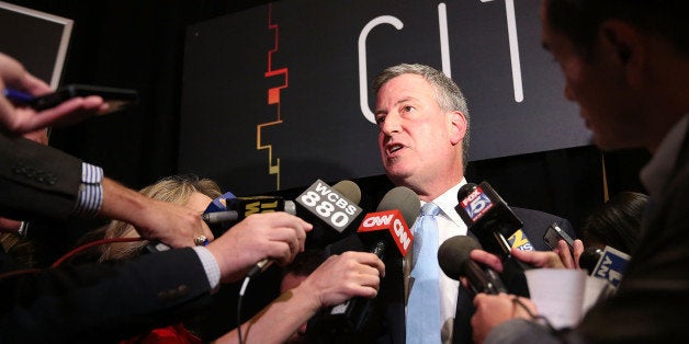 NEW YORK, NY - OCTOBER 08: Democratic nominee for New York Mayor Bill de Blasio speaks to the media following an appearance