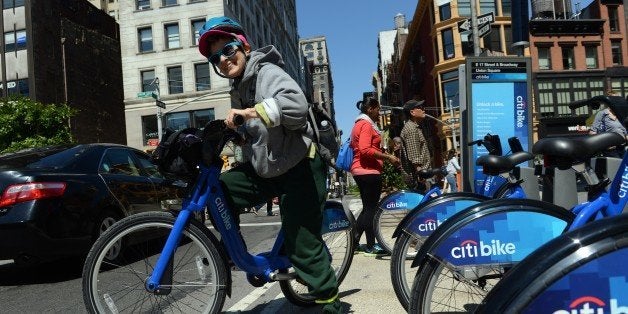 With AFP Story by Brigitte DUSSEAU: US-Transport-Bicycle-Share-CitiBike
Laura Glenn-Hershey rides a Citi Bike bicycle from a
