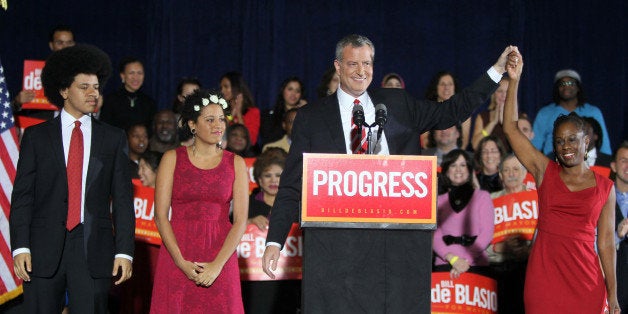 NEW YORK, NY - NOVEMBER 05: (L-R) Dante de Blasio, Chiara de Blasio, Bill de Blasio and Chirlane McCray de Blasio celebrate