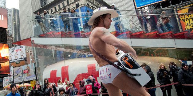 NEW YORK, NY - MARCH 18: A general view of Robert John Burck 'the Naked Cowboy' performing outside of the TKTS office on March 18, 2013 in New York City. (Photo by Ben Hider/Getty Images)