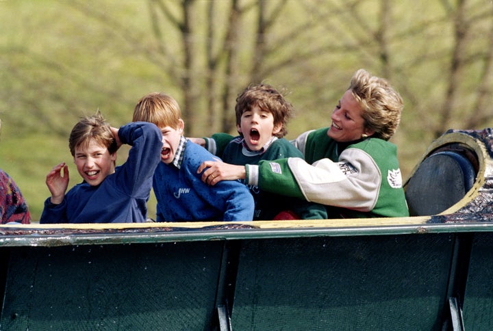 Princess Diana with Prince William (left), Prince Harry and a friend at an amusement park in 1994.