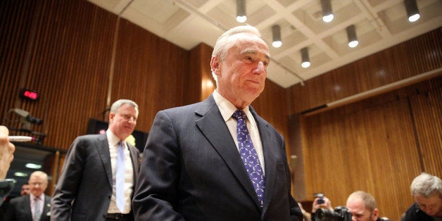 NEW YORK, NY - JANUARY 02: New York City Police Commissioner William Bratton walks into his first news conference with Mayor Bill de Blasio at One Police Plaza on January 2, 2014 in New York City. New York City, and much of New England is preparing for a major winter snowstorm. (Photo by Spencer Platt/Getty Images)