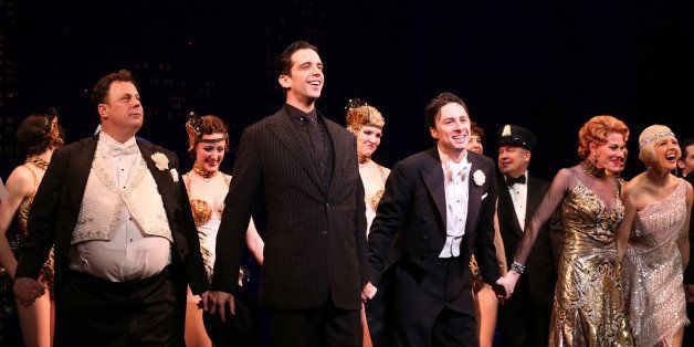 NEW YORK, NY - APRIL 10: Brooks Ashmanskas, Nick Cordero, Zach Braff, Marin Mazzie and Helene Yorke during the Broadway Opening Night Performance Curtain Call for ''Bullets Over Broadway'' at the St. James Theatre on April 10, 2014 in New York City. (Photo by Walter McBride/Getty Images)