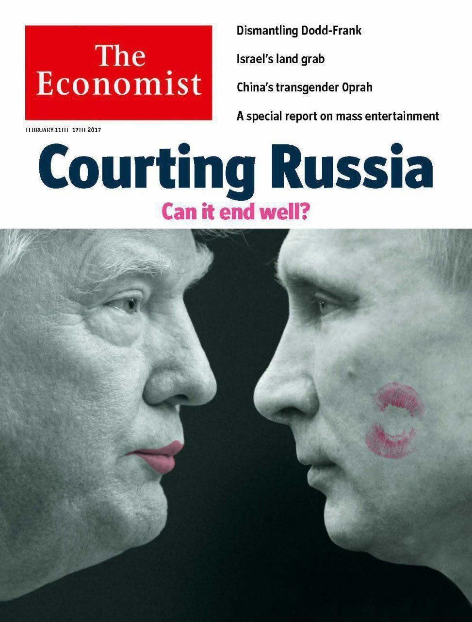A lipstick-wearing Donald Trump puckers up to Vladimir Putin on the cover of The Economist.