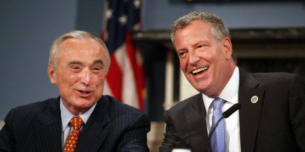 NEW YORK, NY - JULY 31: New York Mayor Bill de Blasio is joined by Police Commissioner Bill Bratton at City Hall for a roundtable discussion on police-community relations following the death of Eric Garner while in police custody in Staten Island on July 31, 2014 in New York City. The meeting included clergy members and community leaders from Staten Island and other boroughs of the city. De Blasio was elected in part as a liberal critic of the previous administration's police tactics. (Photo by Spencer Platt/Getty Images)