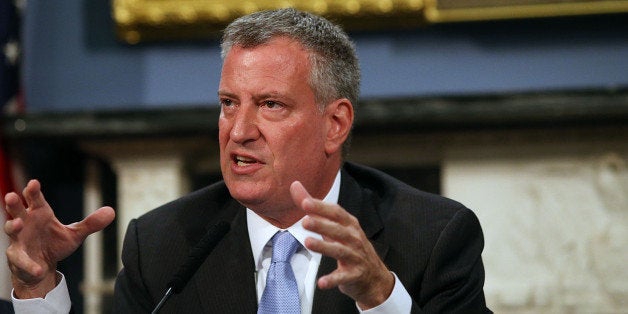 NEW YORK, NY - JULY 31: New York Mayor Bill de Blasio speaks at a roundtable discussion on police-community relations following the death of Eric Garner while in police custody in Staten Island on July 31, 2014 in New York City. The meeting included clergy members and community leaders from Staten Island and other boroughs of the city. De Blasio was elected in part as a liberal critic of the previous administration's police tactics. (Photo by Spencer Platt/Getty Images)