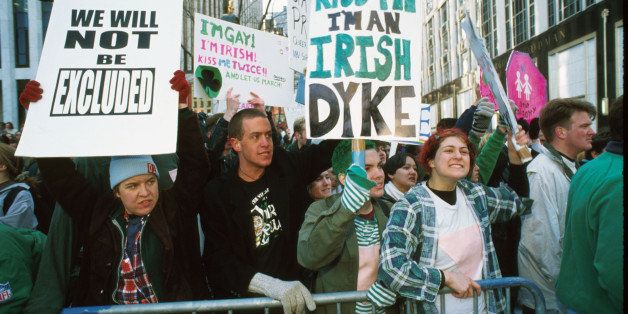 264115 10: Members of the Irish Gay and Lesbian Organization protest the 235th annual St. Patrick's Day Parade March 16, 1996 in New York City. The protestors demanded that gays and lesbians be allowed to march in the parade with everyone else. (Photo by Evan Agostini/Liaison)