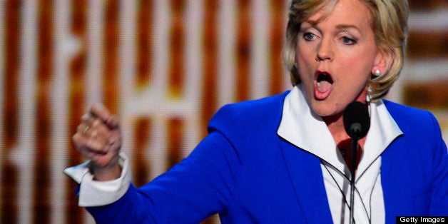 Former Michigan Governor Jennifer Granholm speaks to the delegates at the 2012 Democratic National Convention in Times Warner