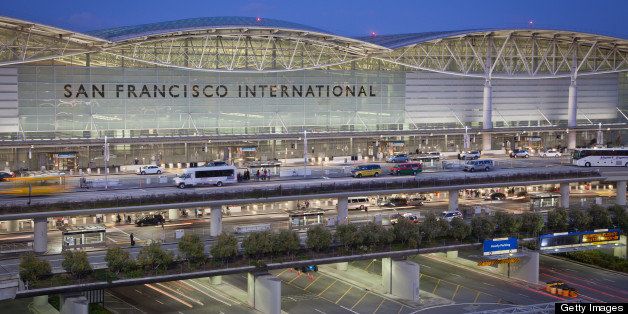 Elevated view of the international terminal at San Francisco International Airport at dusk.