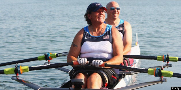 BEIJING - SEPTEMBER 11: Scott Brown and Angela Madsen of USA celebrate after winning the Rowing Mixed Double Sculls - TA Final B at Shunyi Olympic Rowing-Canoeing Park during day five of the 2008 Paralympic Games on September 11, 2008 in Beijing, China. (Photo by Feng Li/Getty Images)