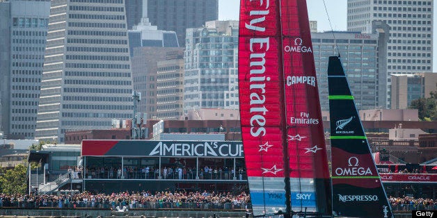 SAN FRANCISCO, USA - JULY 13: (SOUTH AFRICA OUT) Emirates Team New Zealand skippered Dean Barker (NZL) wins over Luna Rossa skippered by Massimiliano Sirena (ITA) by 5.23 minutes during the Round Robin 2 of The Louis Vuitton Cup on July 13, 2013 in San Francisco, USA. The Louis Vuitton Cup sailed in AC 72s (July 7th - August 30th) the Americas Cup Challenger Series is used as the selection series to determine who will race the Defender in the Americas Cup Finals. (Photo by Paul Todd/Gallo Images/Getty Images)