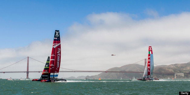 SAN FRANCISCO, USA - JULY 13: (SOUTH AFRICA OUT) Emirates Team New Zealand skippered Dean Barker (NZL) wins over Luna Rossa s