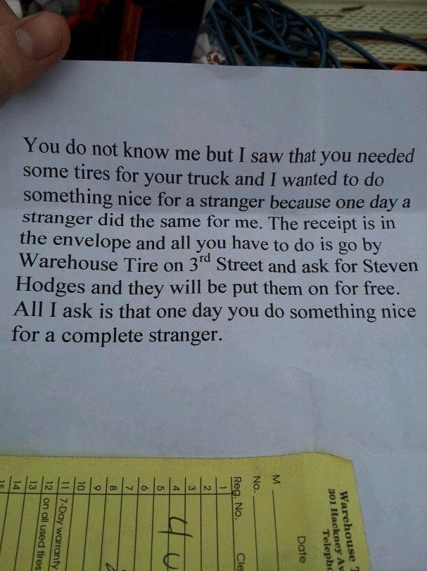 Good Samaritan Gives Stranger Free Tires Leaves Anonymous Note Stating Where To Pick Them Up Huffpost