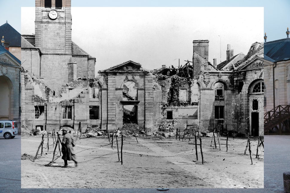 The first photo shows a parked car near the former Episcopal Palace in Verdun, France, on March 11, 2014. The second photo sh