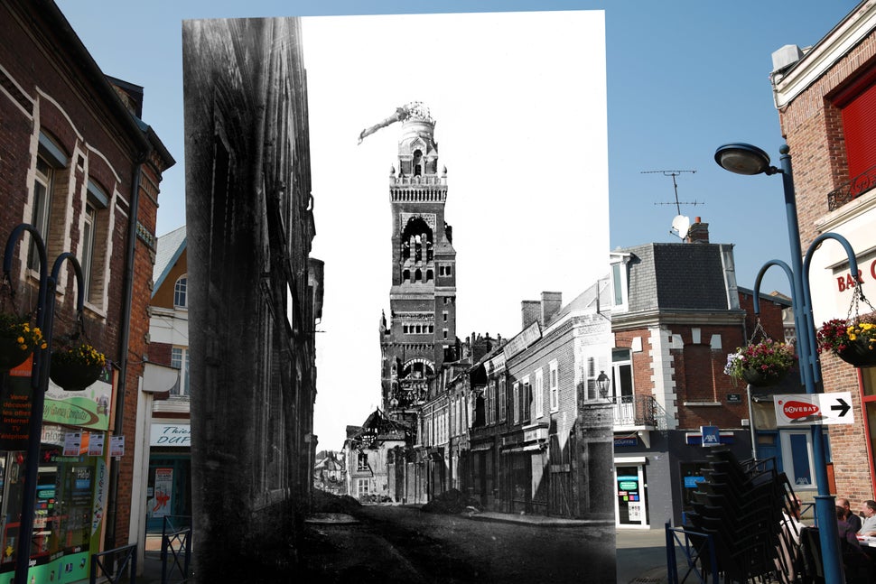 In the first image, traffic runs from the Basilica of Notre-Dame de Brebieres in Albert, France, on March 13, 2014. The secon