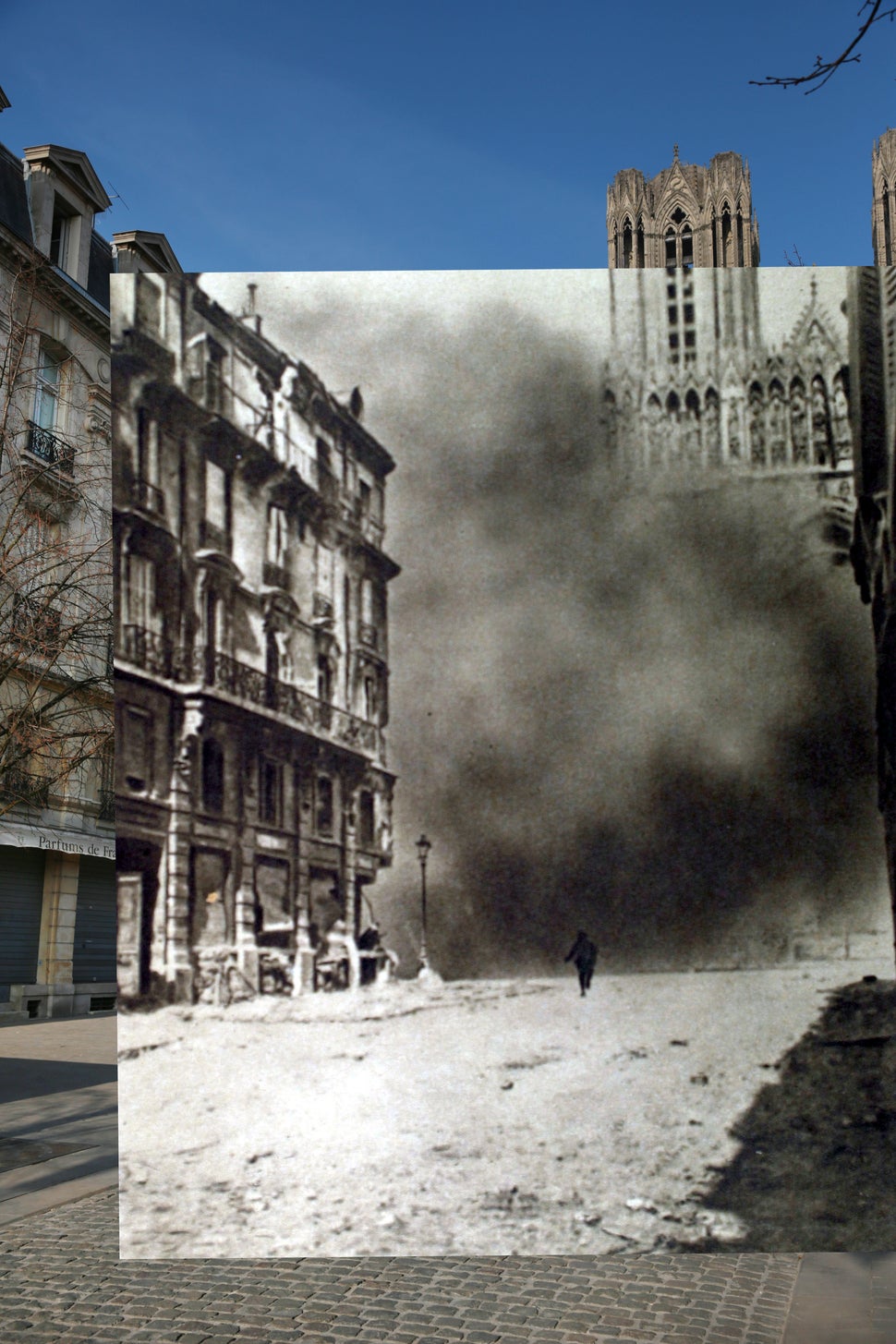 The first image shows people walking near the Cathedral in Reims, France, on March 11, 2014. The second image shows the cathe