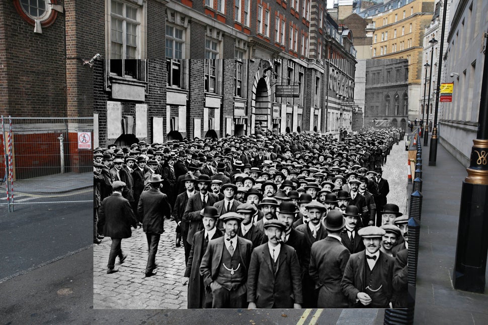 The first image shows a gated barrier that runs near Scotland Yard on March 17, 2014 in London, England. The second image sho