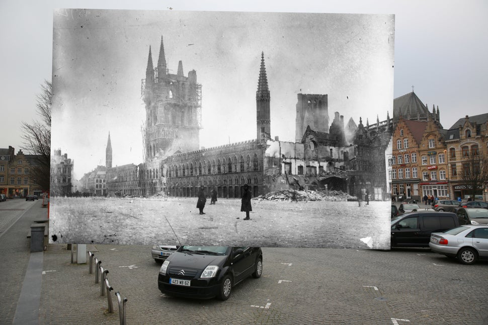 The first photos shows parked cars near Les Halles on the Grote Markt in Ypres on March 10, 2014. The second photo shows Les 