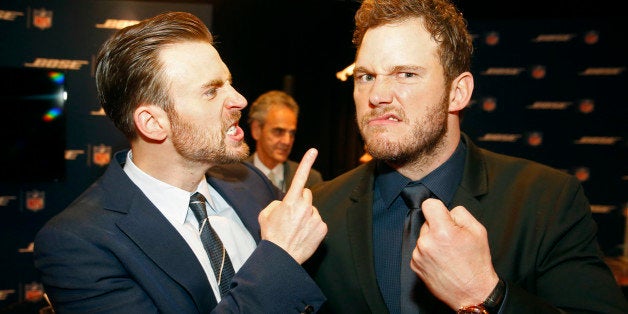 EXCLUSIVE - Chris Evans, left, and Chris Pratt backstage at the 4th annual NFL Honors at the Phoenix Convention Center Symphony Hall on Saturday, Jan. 1, 2015. (Photo by Colin Young-Wolff/Invision for NFL/AP Images)